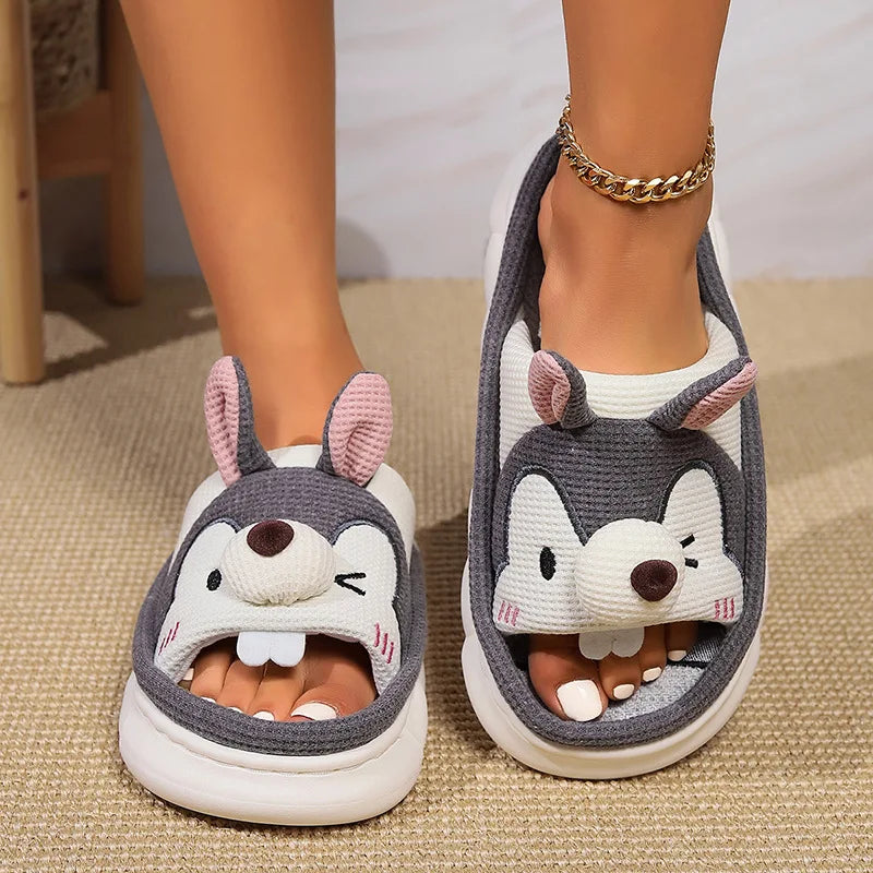 Home Linen Slipper for Women Cute Bunny Clouds Flip Flops Female Design Cozy Shoes Slides Four Season Platform Couples Sandals
