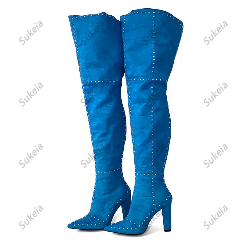 Sukeia Handmade Women Winter Thigh Boots Sexy Rivets Chunky Heels Pointed Toe Beautiful Fuchsia Red Shoes Ladies US Size 5-15
