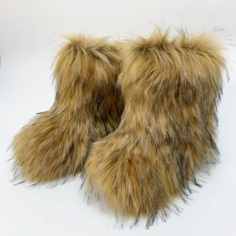 2023 Y2k Fur Snow Boots for Women Winter Warm Plush Boots Outdoor Platform Solid Color Mid Calf Boots Furry Cute Girl Shoes