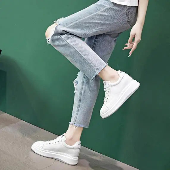 8CM New Platform Genuine Leather Chunky Sneaker Casual Hidden Heels Spring Summer Autumn Comfy Breathable High Brand Shoes