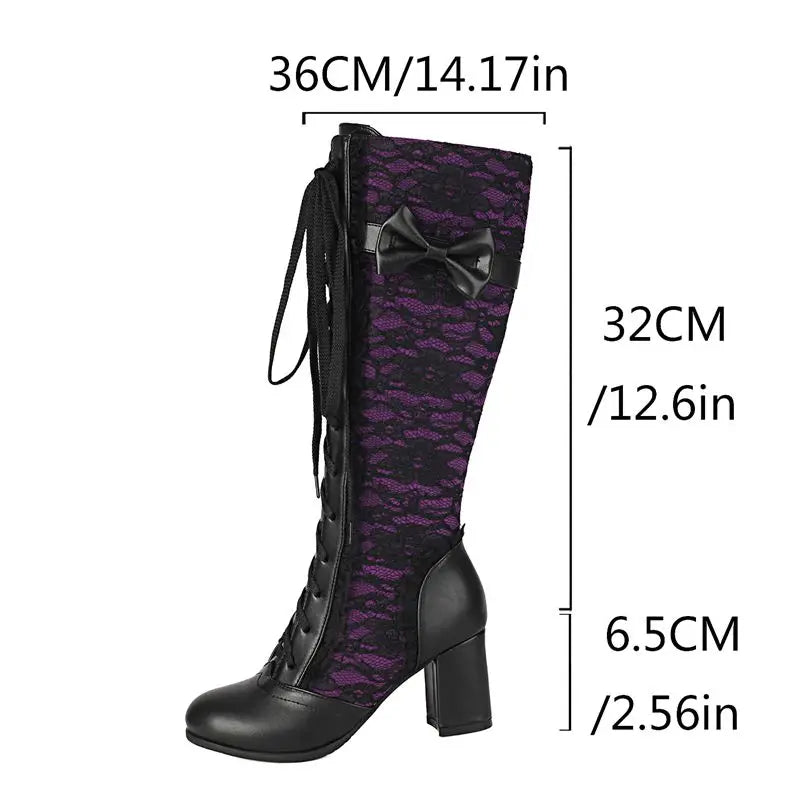 REAVE CAT 2025 Women's Knee-High Boots - Round Toe 6.5cm Block Heels Lace-Up & Bowknot Black Party Footwear Size 48