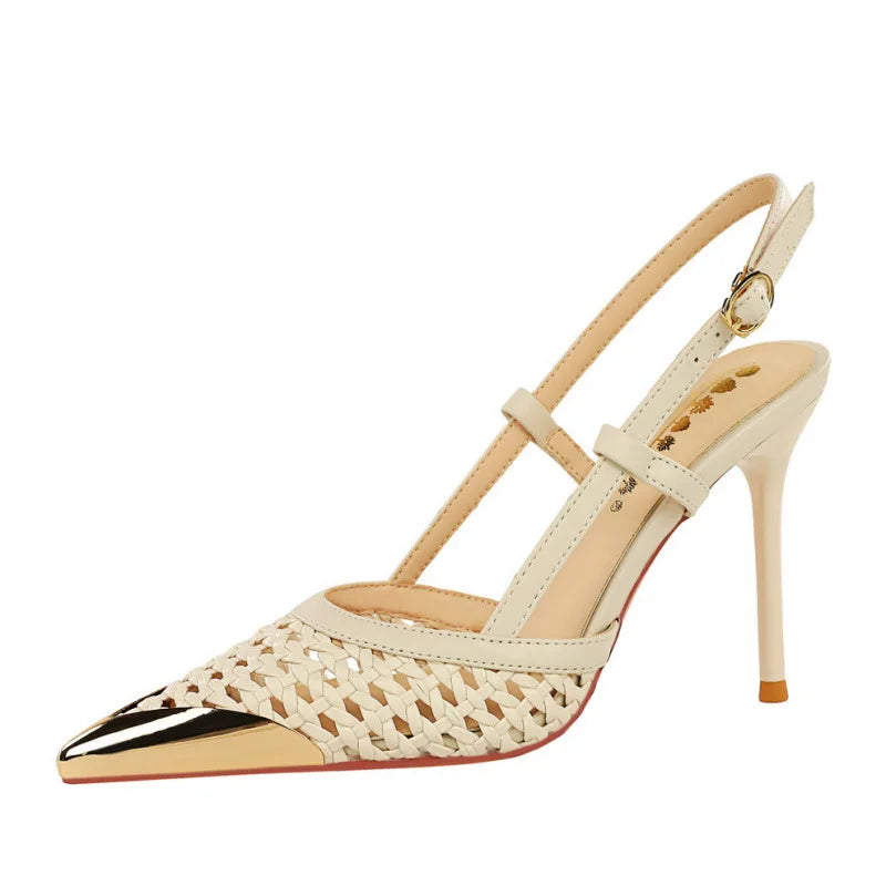 New Fashionable Hollow Weaving Fine Heel Sandals with Women's High Grade, Metal Pointed Straight Strap High Heels