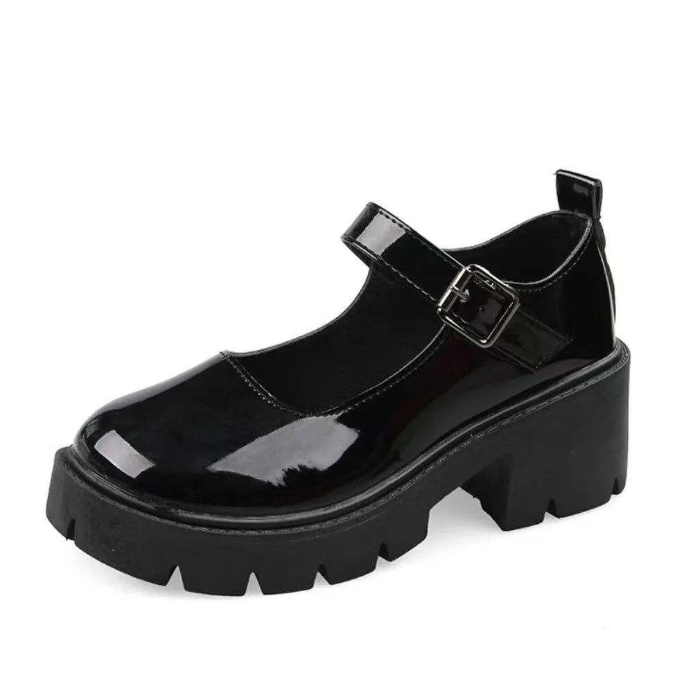 Mary Janes Lolita JK Leather Shoes Glossy/Matte Ankle Buckle Casual Single Shoes Platform Lolita Black High Heels Shoes Lady