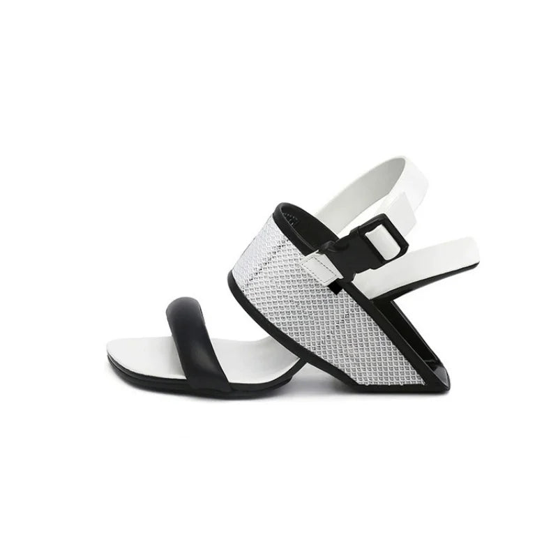 Summer Concise Sexy Women Sandals Square Toe Strange Heels Buckle Femme Pumps Shallow Peep Toe Solid Color Non-Slip Lady Shoes