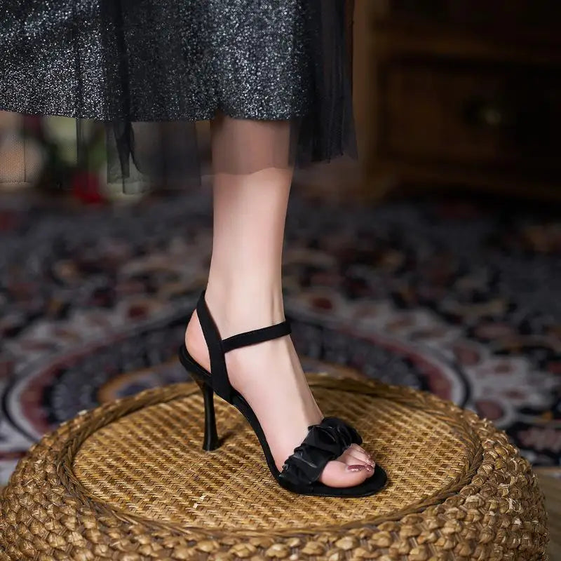 31-43 New High Heels Thin Heel Large Size Buckle Sandals Women Ribbon Fashion Black Women's Shoes