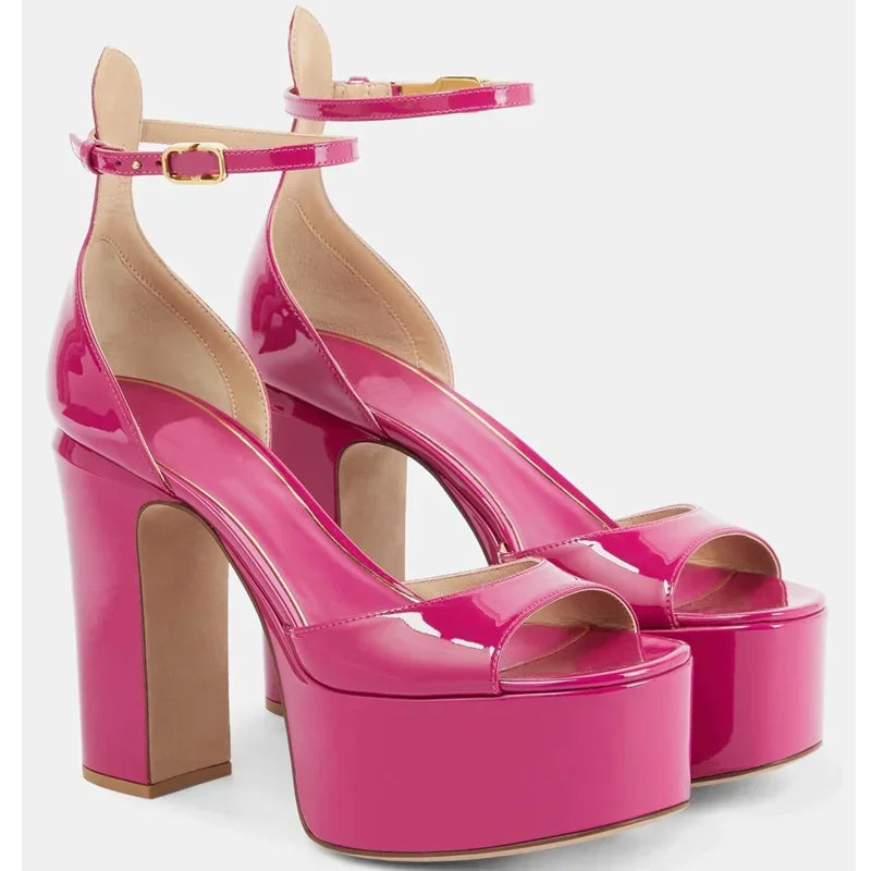 Platform Shallow Cover Heel Sandals Sexy Pointed Toe Ankle Buckle Belt Patent Leather New Arrivals Fashion Women Modern Shoes