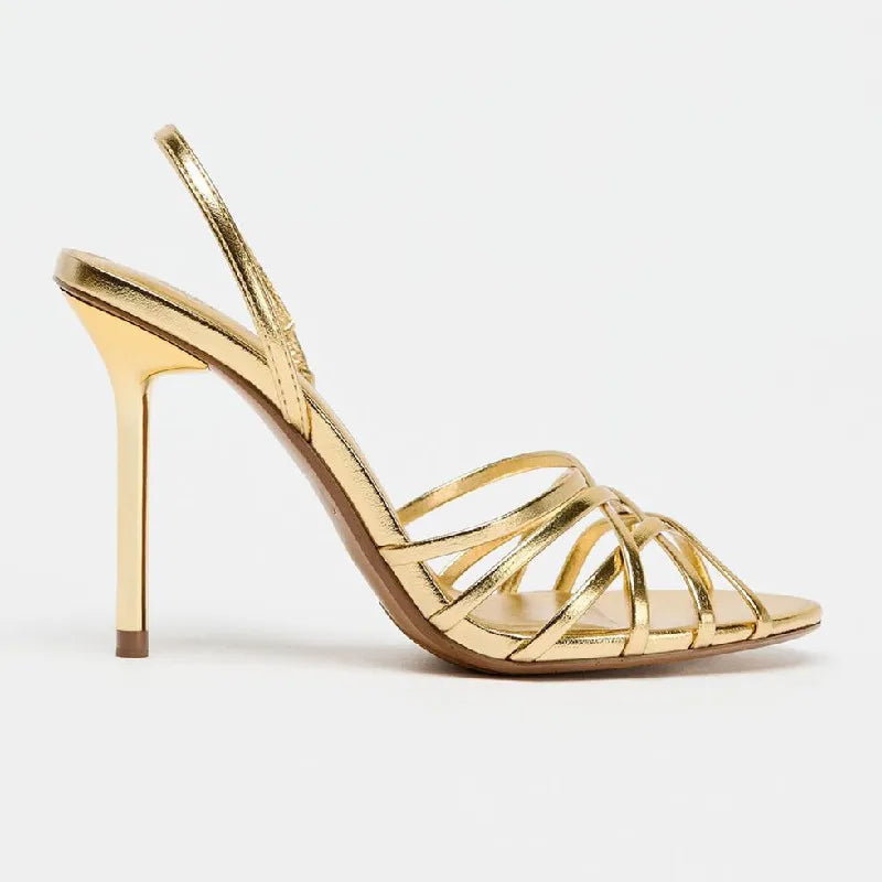 Luxury Gold Heeled Sandals Women Sexy Cross Narrow Strap Hollow Thin Heeled Bridal Pumps Fashion Back Strap Banquet Dress Heels