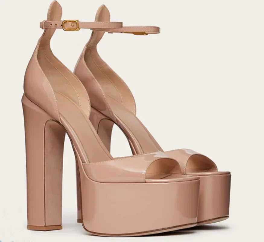 Platform Shallow Cover Heel Sandals Sexy Pointed Toe Ankle Buckle Belt Patent Leather New Arrivals Fashion Women Modern Shoes