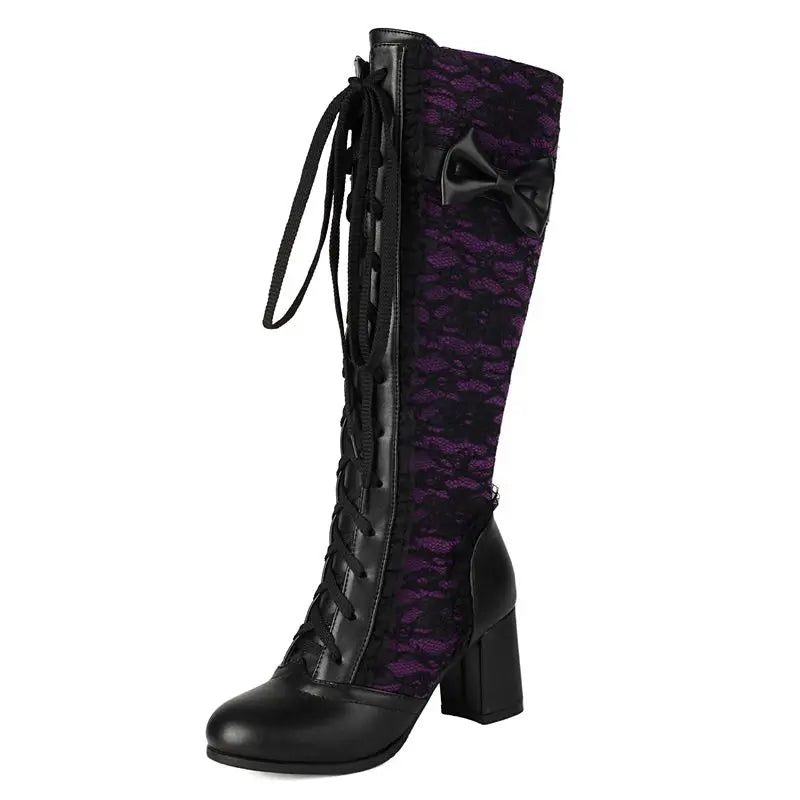 REAVE CAT 2025 Women's Knee-High Boots - Round Toe 6.5cm Block Heels Lace-Up & Bowknot Black Party Footwear Size 48