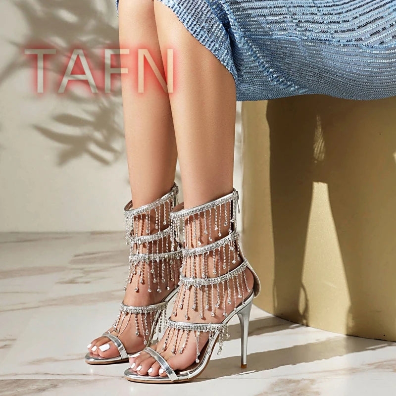 2025 Summer New Diamond Drip Sandals Women's Embellished High Heeled Sandals In Gold And Silver Metallic Beaded Trim Sandals