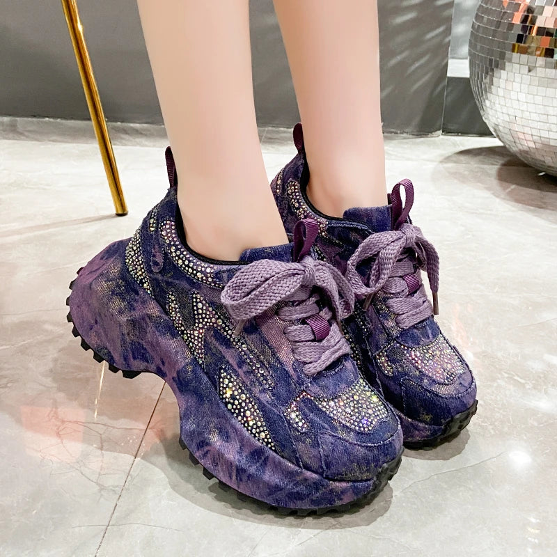 7CM Women Silver Crystal Casual Canvas Chunky Sneakers Woman Stylish Sport Shoes Lace-Up Platform Luxury Shoes zapatos mujer