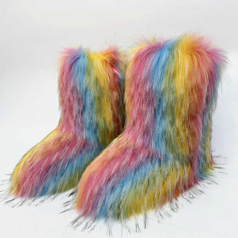 2023 Y2k Fur Snow Boots for Women Winter Warm Plush Boots Outdoor Platform Solid Color Mid Calf Boots Furry Cute Girl Shoes