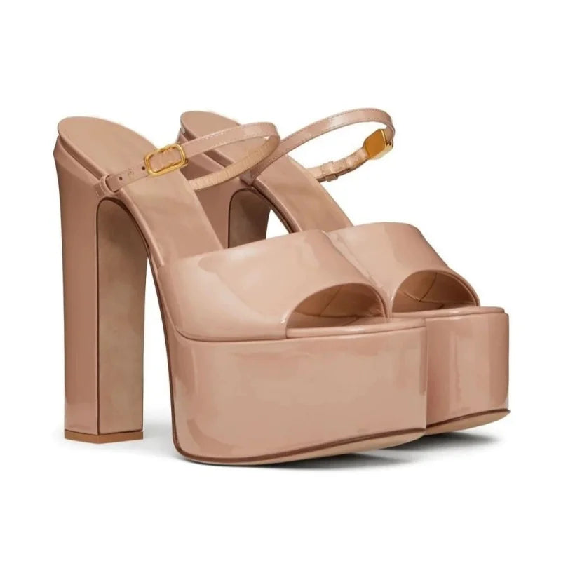 Platform Height Increasing Women's Sandals Round Toe Crude Heel Buckle Femme Pumps Peep Toe Breathable Outdoor Party Lady Shoes
