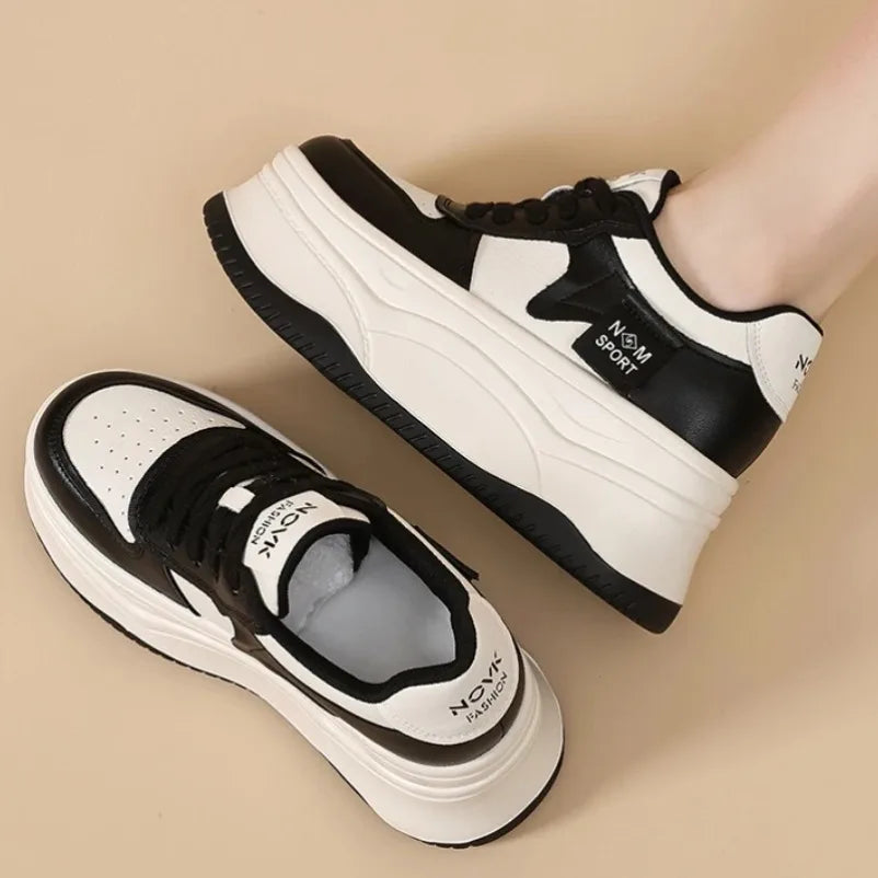 Koznoy Chunky Sneakers Genuine Leather Women Walking Shoes Autumn 12cm Platform Sneakers for Women Casual Shoes White Shoes
