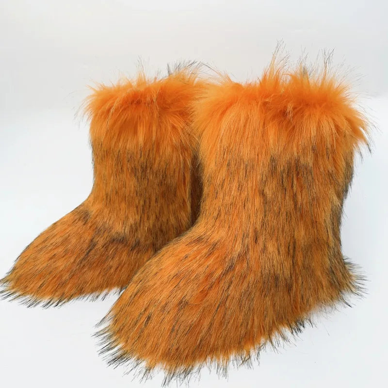 2023 Y2k Fur Snow Boots for Women Winter Warm Plush Boots Outdoor Platform Solid Color Mid Calf Boots Furry Cute Girl Shoes