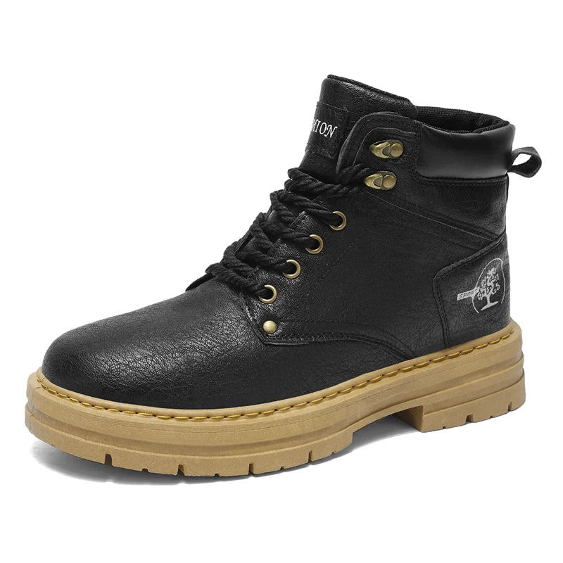 Brand Black Men's Motorcycle Boots Platform Work Boots Man Street Outdoor Biker Shoes Men Leather Ankle Boots for Men Casual