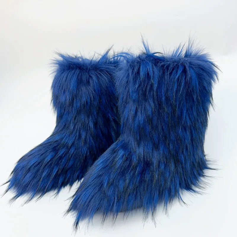 2023 Y2k Fur Snow Boots for Women Winter Warm Plush Boots Outdoor Platform Solid Color Mid Calf Boots Furry Cute Girl Shoes