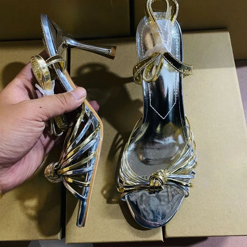Retro Vintage Women's High Heel Sandals Golden Woven Hollow Out Open Toe Ankle Strap Sexy Party Shoes for Wedding Boho Beach