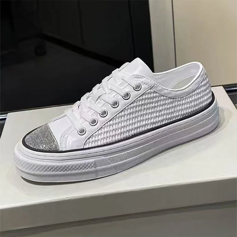 Classic Casual Sneakers Women Genuine Leather String Bead Round Toe Lace Up Flat Shoes Woman Braided Patchwork Walk Shoes Woman