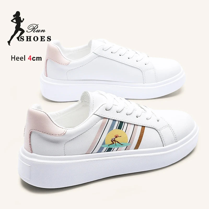 Woman White Versatile Casual Sports Shoes Niche Fashion Print Comforty Heightening Platform Sneakers Academy Style Board Shoes