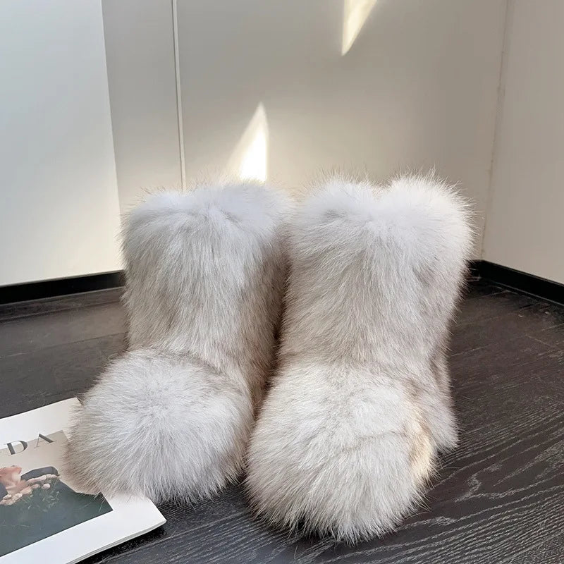 Winter Shoe Women's Winter Fluffy Real Fox Fur Boots Woman Plush Warm Snow Boots Luxury Footwear Girls' Furry Fur Bottes Fashion