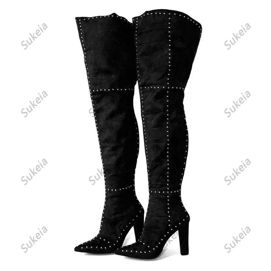 Sukeia Handmade Women Winter Thigh Boots Sexy Rivets Chunky Heels Pointed Toe Beautiful Fuchsia Red Shoes Ladies US Size 5-15