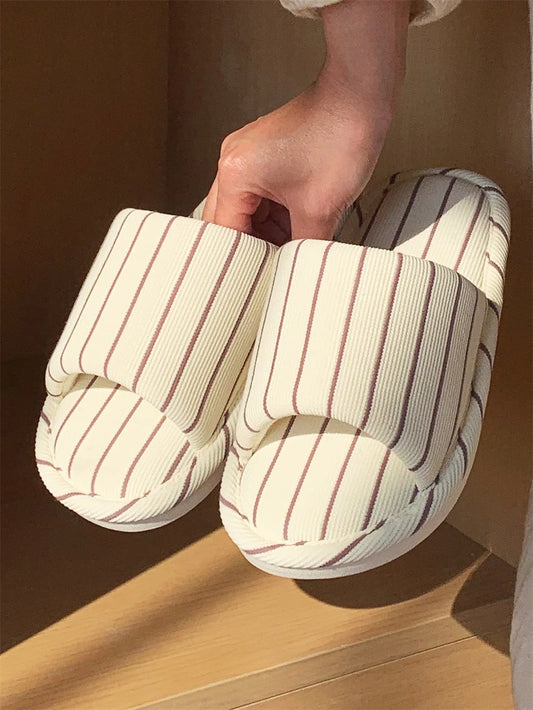 Comfortable Cotton Linen Slippers Women Stripe Design Soft Floor Shoes Four Seasons