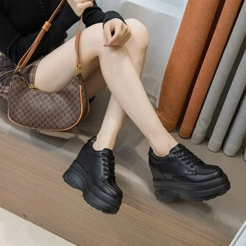 New Women Sneakers Genuine Leather Casual Platform Trainers Black Shoe 11CM Heels Autumn Wedges Woman Height Increasing Shoes