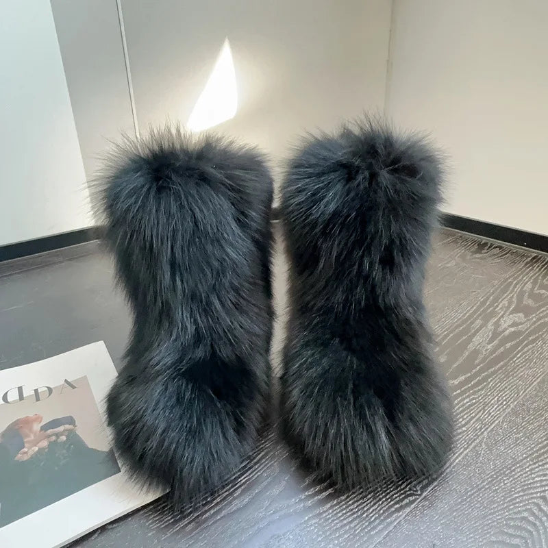 Winter Shoe Women's Winter Fluffy Real Fox Fur Boots Woman Plush Warm Snow Boots Luxury Footwear Girls' Furry Fur Bottes Fashion