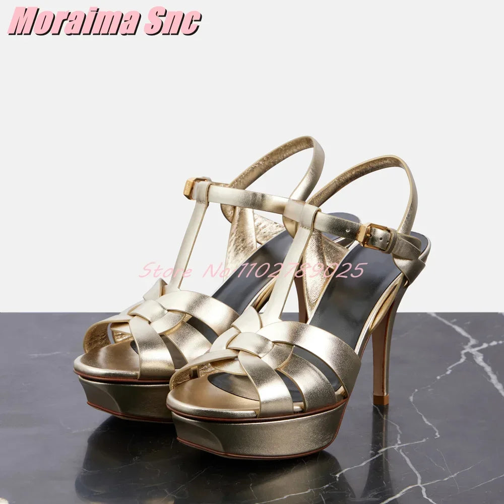 Platform Waeve T-strap Square Toe Sandals Stiletto High Heel Patent Leather Ankle Buckle Strap Sexy Fashion Women's Dress Shoes