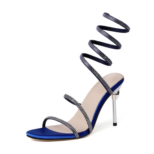 Ankle-Wrapped Two-Strap Stiletto Heel with Rhinestones and Snake-Shaped Open-Toe Sandals for Women