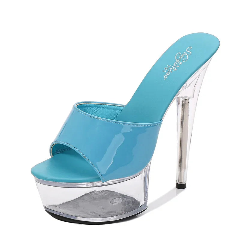 Clear Heel Candy Color 13cm15cm Special High Heels Thin Heels Sexy Waterproof Table  High Super High Slippers Women's Summer