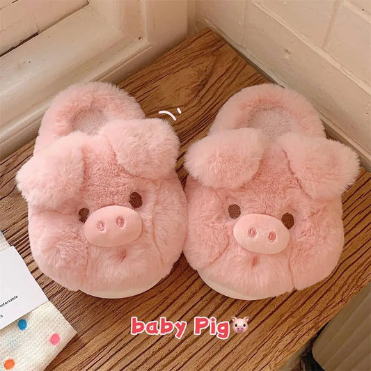 Feerldi Pink fluffy pig slippers women slip on animal slides indoor house furry cotton shoes warm 2024 new girls piggy shoes