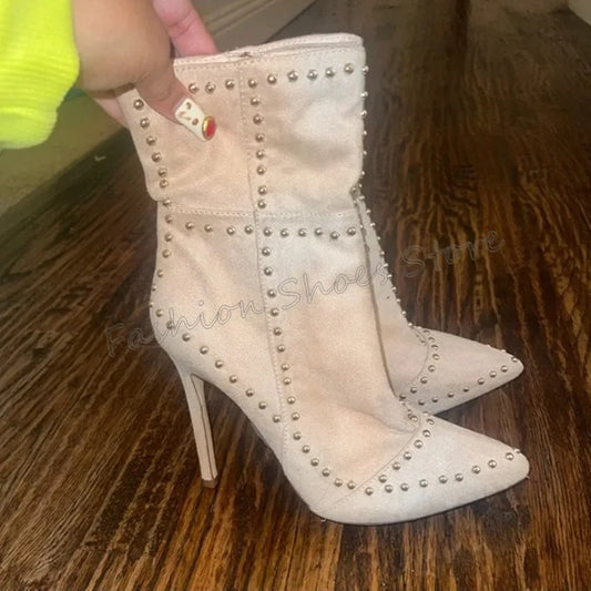 Apricot Rivet Decor Side Zipper Boots Stilettos High Heels High Heel Shoes for Women Fashion Heels 2024 New Zapatos Para Mujere