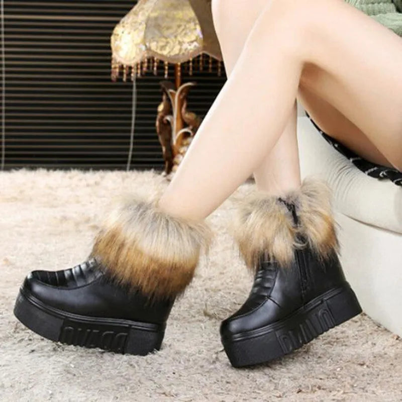 Winter Warm Leather Snow Boots Women Chunky Side Zip Cotton Shoes Fashion Plush Sneakers Height Increasing Footwear White Black