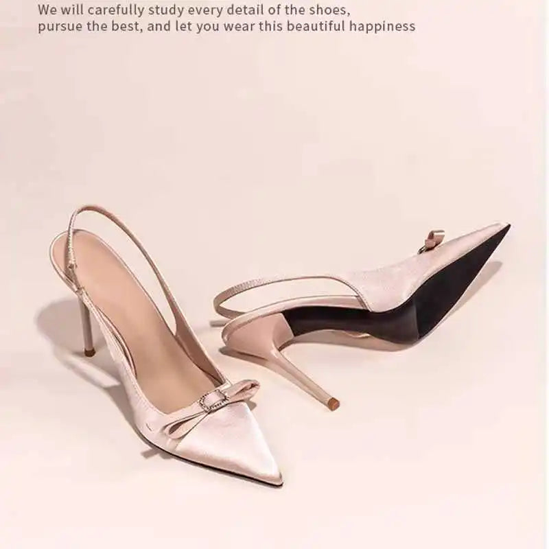 Knot  Head High Heels Sandals Women's Faionable Ele Velvet arp Point Thin Heel Low Cut Summer oes