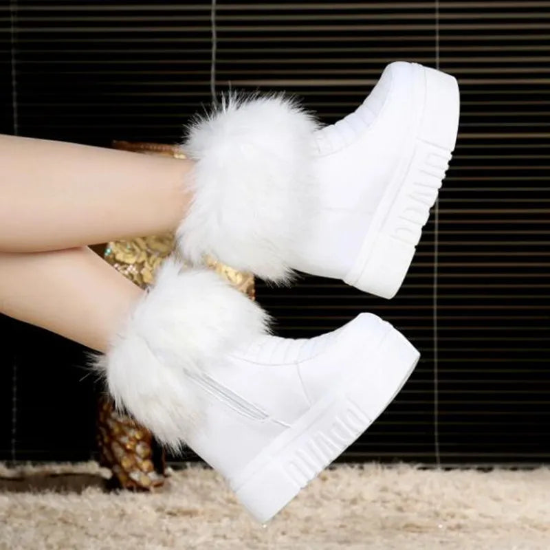 Winter Warm Leather Snow Boots Women Chunky Side Zip Cotton Shoes Fashion Plush Sneakers Height Increasing Footwear White Black