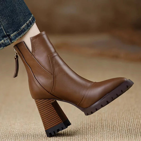 Oulylan Thick High-heeled Women Shoes Retro Elegant Back Zipper Short Boot Autumn Winter Fashion Soft Leather Boots 34-39