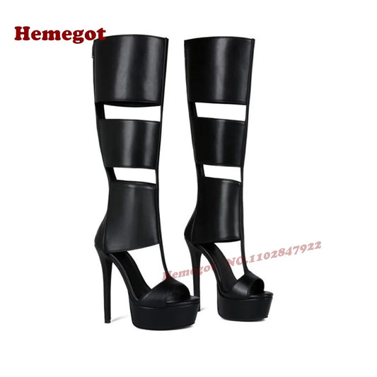 Black T-Strap Cut Out Gladiator Sandals Peep Toe Platform Stiletto High Heels Women's Sandals Solid Back Zipper Roman Shoes 2025