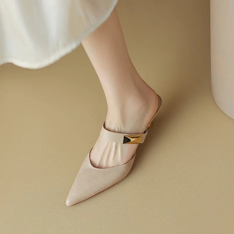 Singbacks Elegant Women Sandals High Heels Summer Pointed Toe Slip-on Mules Shoes Pumps Party Thin Heel Ladies Slippers De Mujer