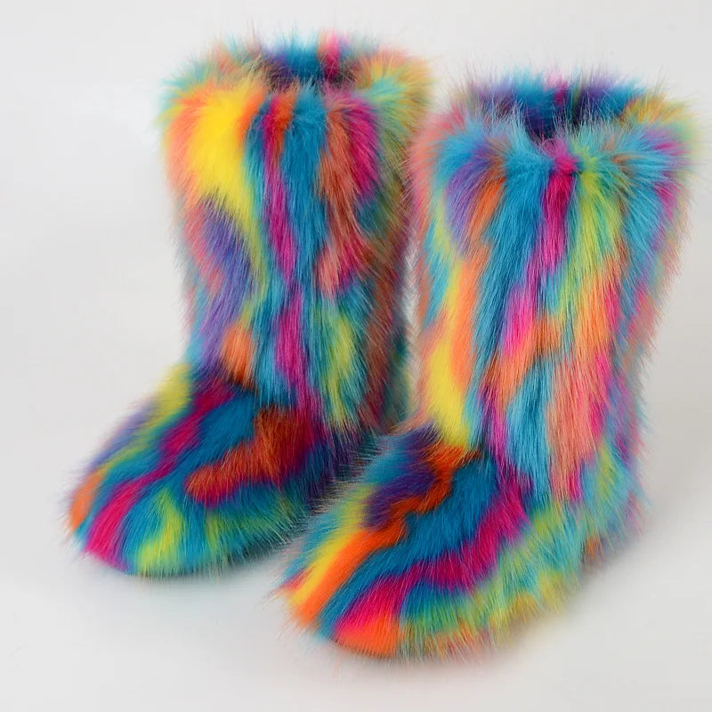 Winter Shoe Women's Winter Fluffy Faux Fox Fur Boots Woman Plush Warm Snow Boots Luxury Footwear Girls' Furry Fur Bottes Fashion
