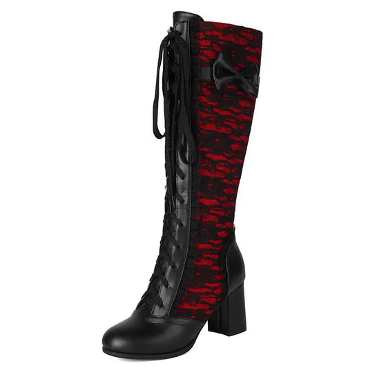 REAVE CAT 2025 Women's Knee-High Boots - Round Toe 6.5cm Block Heels Lace-Up & Bowknot Black Party Footwear Size 48