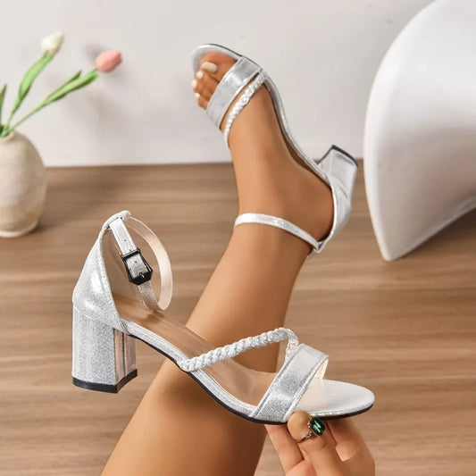 2025 Summer New Mid Heel Thick Heel Silver One Button Strap High Heel Sandals for Women