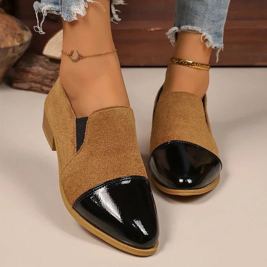 Leopard Printed Women's Low Heel Pumps Fashion Patent Leather Patchwork Dress Shoes for Women Comfy Pointed Toe Slip On Loafers