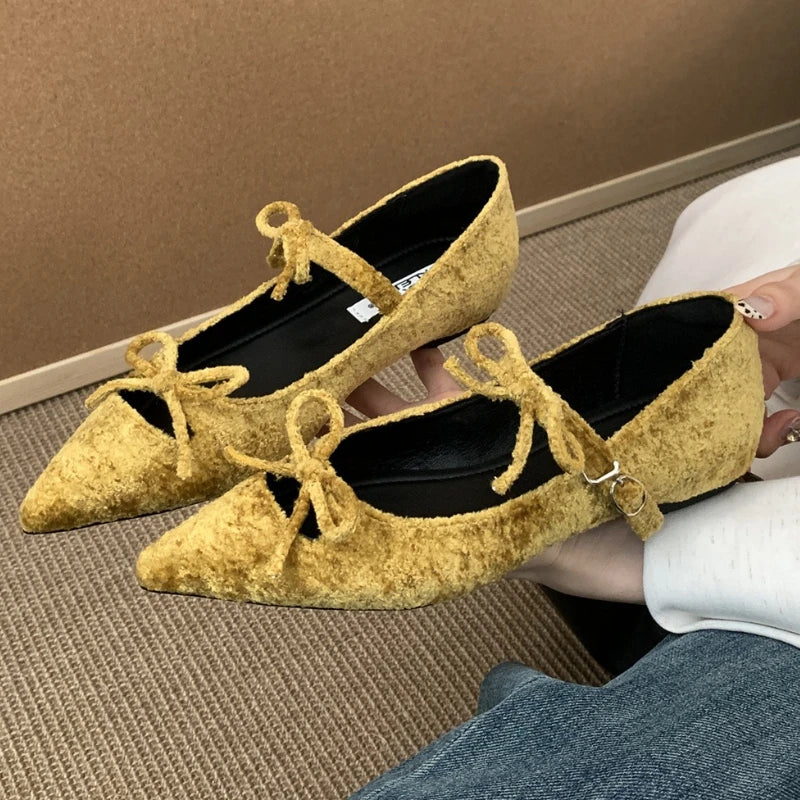 Butterfly-Knot Pointed Toe Mary Jane Shoes Women Shallow Fashion Casual Flat Shoes Elegant Ballet Dress Shoes Zapatos De Mujer