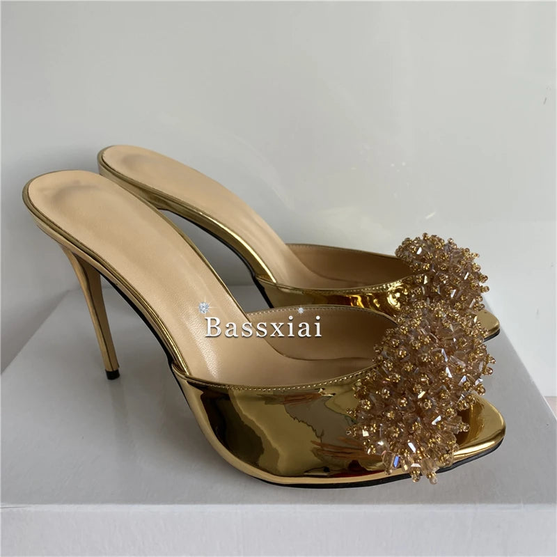 Crystal String Beads Flower Sandals Women 10cm Stiletto Heel Luxury Patent Leather Slingbacks Mules Summer