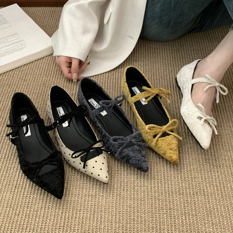 Butterfly-Knot Pointed Toe Mary Jane Shoes Women Shallow Fashion Casual Flat Shoes Elegant Ballet Dress Shoes Zapatos De Mujer