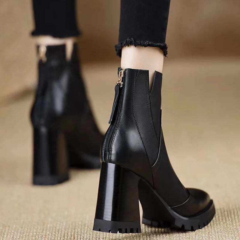Oulylan Thick High-heeled Women Shoes Retro Elegant Back Zipper Short Boot Autumn Winter Fashion Soft Leather Boots 34-39