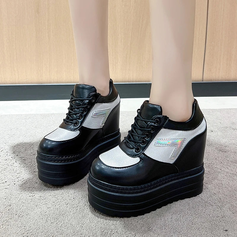 New 2025 Autumn Women High Platform Shoes Height Increasing Casual Shoes 13CM Thick Sole Trainers Leather Shoes Woman Sneakers