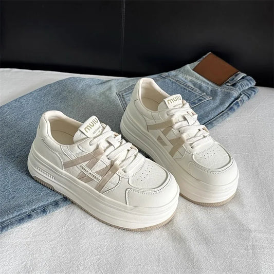 Genuine leather thick-soled height-enhancing white shoes for women platform shoes versatile cowhide women's sneakers casual shoe